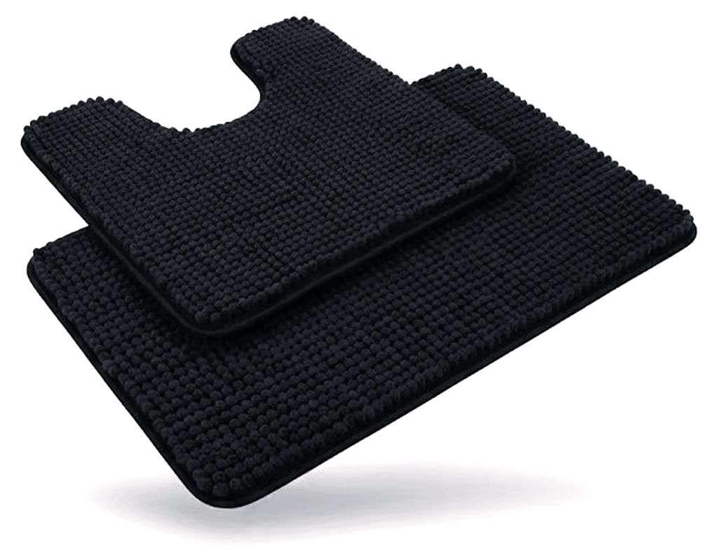 Badematten-Set, weiche Chenille-Badematte schwarz (1400 g/m²), rutschfeste Duschmatte, waschbare Badematten (50 x 80 cm) und WC-Vorleger mit Aussp...
