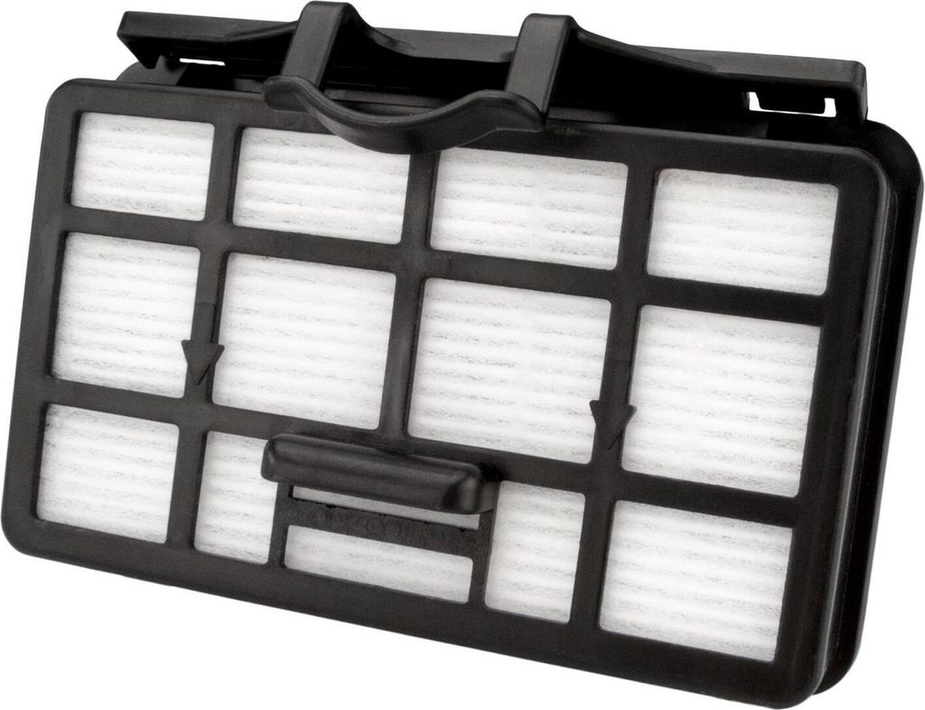 A black vacuum cleaner filter with white filter material, shown from a slightly elevated angle against a white background.