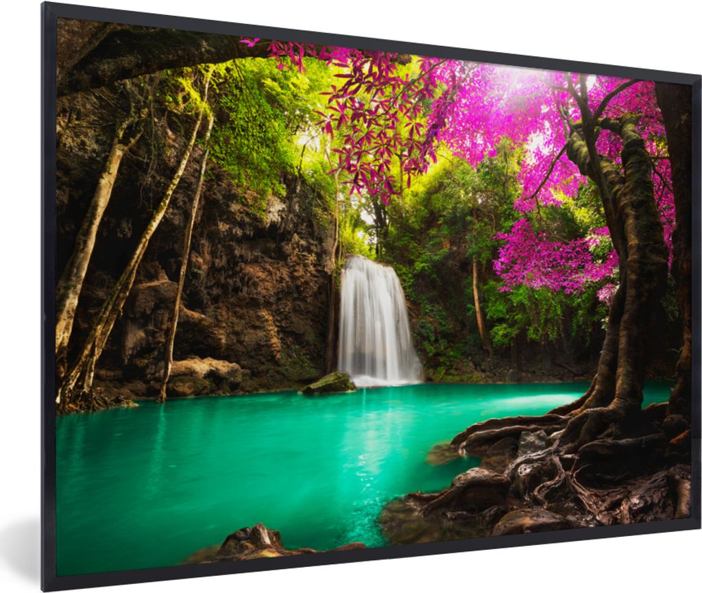 MuchoWow MuchoWow Gerahmtes Poster Wasserfall mit bunten Blumen und Bäumen - Natur - Dschungel 90x60 cm - Poster mit zchwarzem Bilderrahmen - ...
