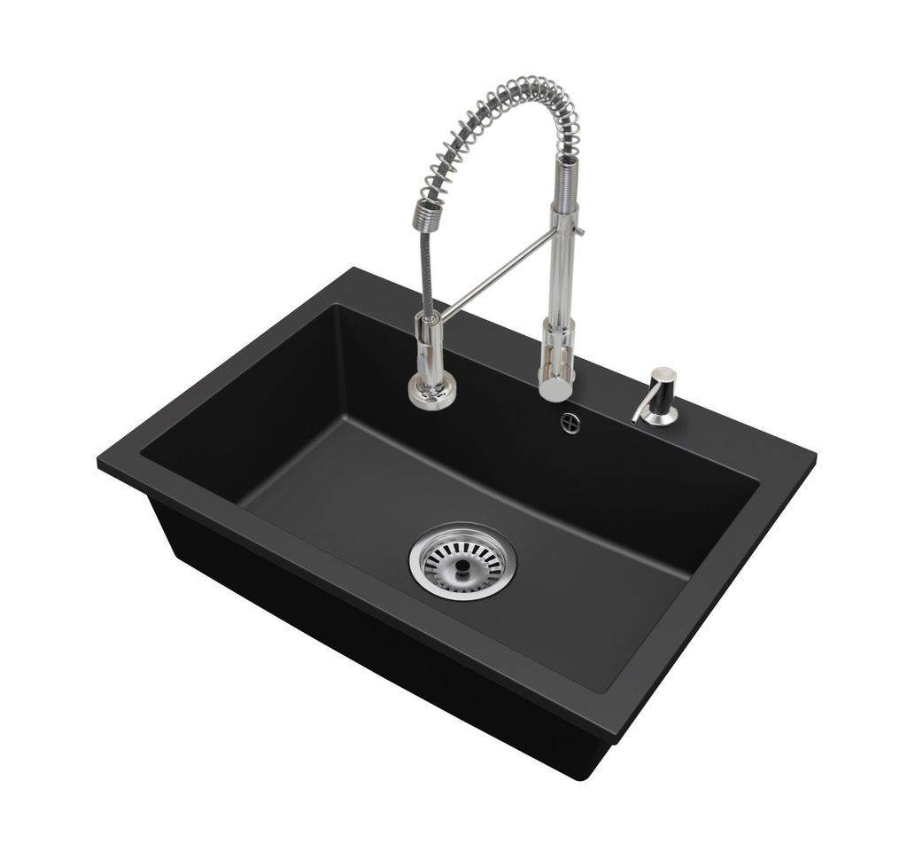 Granitspüle Küchenspüle Einbauspüle 1 Becken Elite 70 Set mit Armatur, Seifenspender und Siphon Chrom