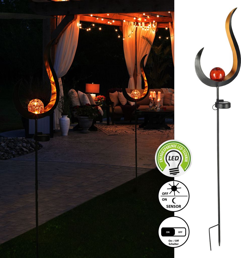 Gartenstecker Solar "Flame" aus Eisen mit roter Glaskugel Produktbild 