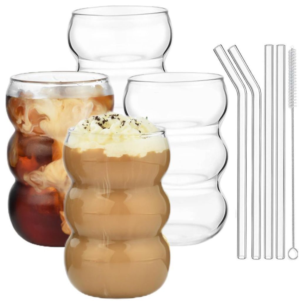 Bubble Gläs 4er Set Trinkglas,550ml gerippte trinkgläser,wave glas,Latte Macchiato Gläser,Eiskaffee Gläser,Longdrinkgläser,Cocktailgläser