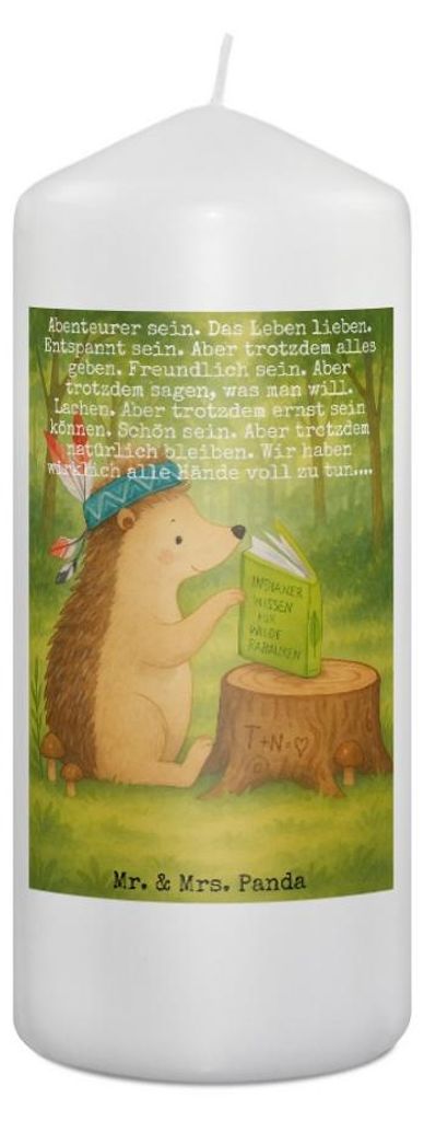 Mr. & Mrs. Panda Kerze Igel Federschmuck Design 19 x 8 cm - Weiß - Geschenk, Indianer, Erinnerungskerze, Wachskerze, Lagerfeuer, Erinnerungslicht,...