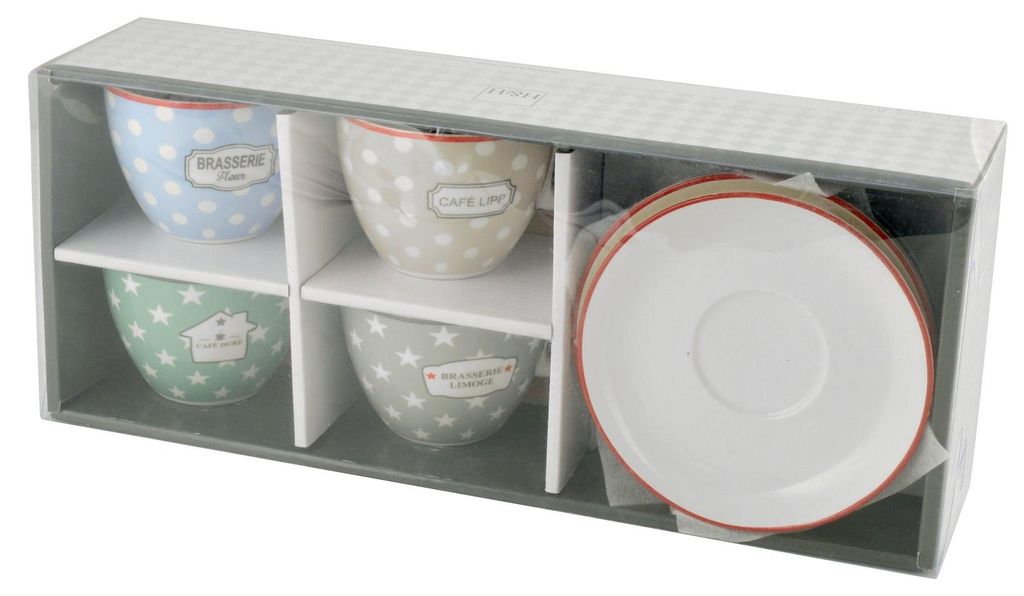 H&H 4er-Set Porzellantassen mit verschiedenem Brasserie-Dekor cc240