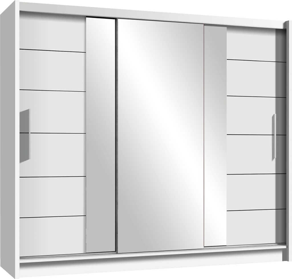 Schwebetürenschrank Tirana II 250, 3 Türen Kleiderschrank mit 3 Spiegel, Moderne Garderobe, Schrank in Größe: 250 x 215 x 61 cm