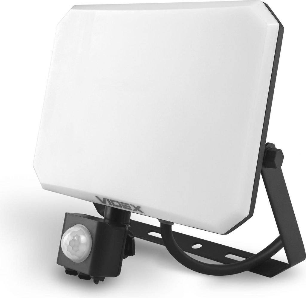 A white and black Videx LED floodlight with a motion sensor, shown on a white background.