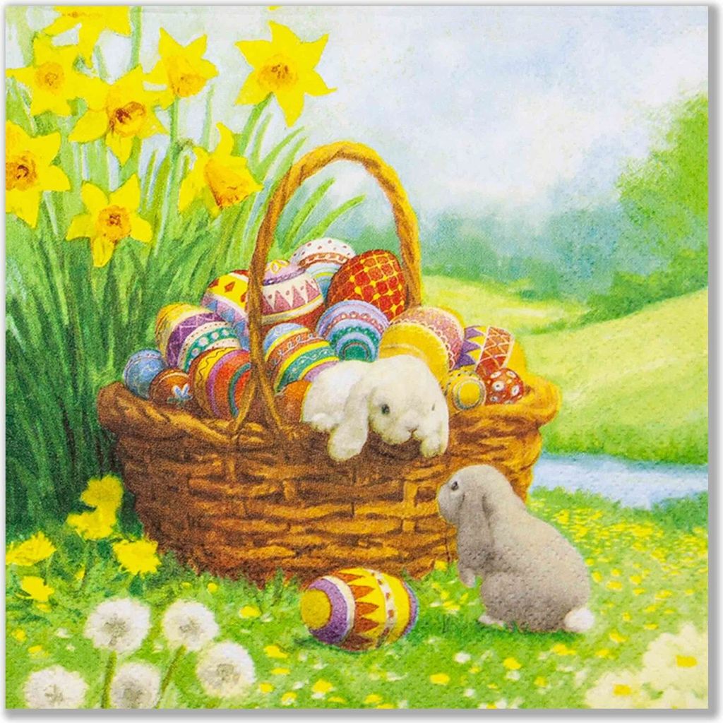 20 Servietten Best Bunny - Osterkorb an Narzissen 33x33cm