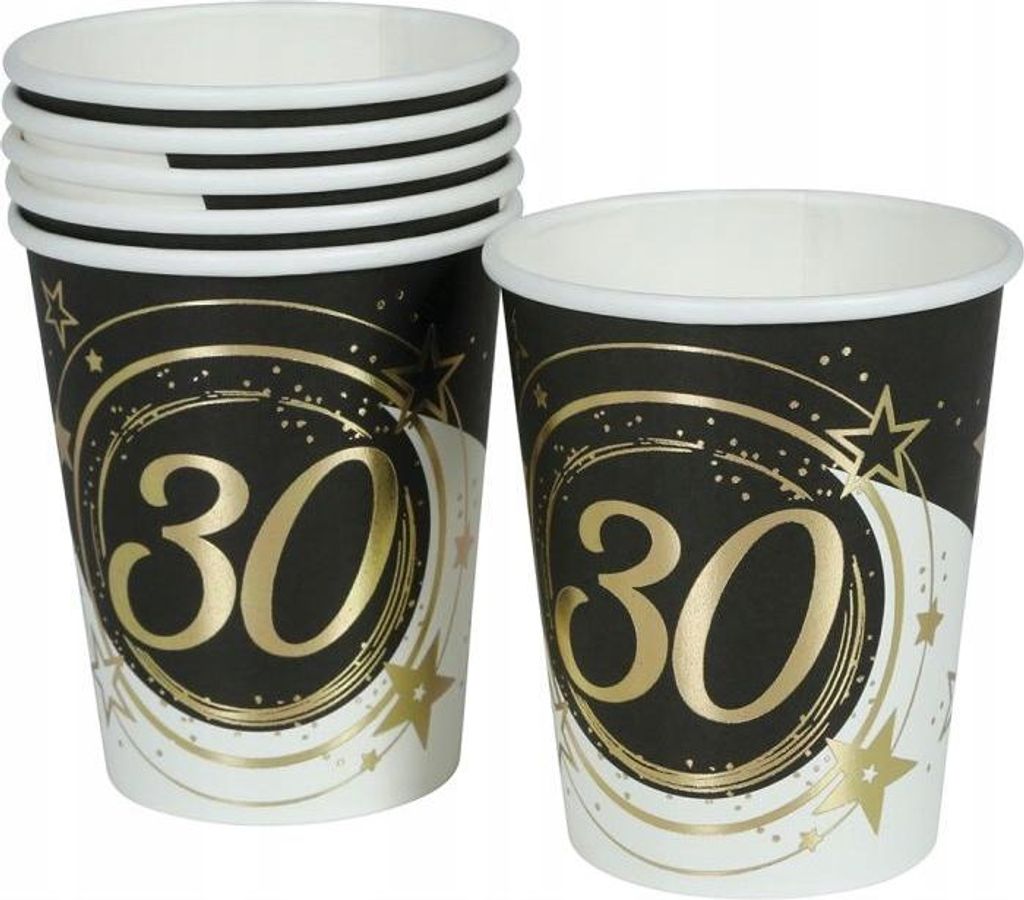 Pappbecher 30. GEBURTSTAG Dreißig Gold Schwarz Party 240ml 6 St.