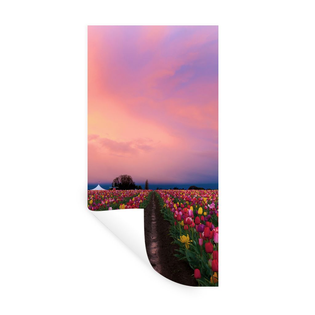 MuchoWow Wandtattoo Wandsticker Wandaufkleber Sonnenuntergang auf dem Tulpenfeld 60x120 cm Selbstklebend und Repositionierbar - Selbstklebend - F...