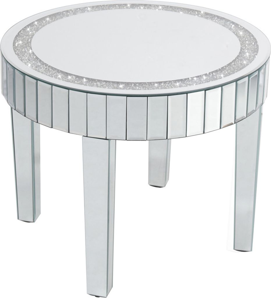 A single, round end table with mirrored surfaces and crystal accents.