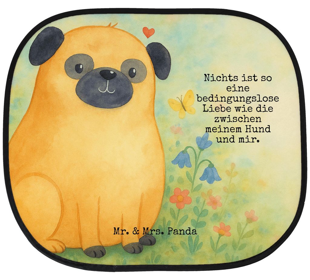 Mr. & Mrs. Panda auto blendschutz Mops Design - Weiß - Geschenk, Liebe, Sonnenschutz, Sprüche, Hund, pkw, Sonnenblende, Knuffig, Pure, Fürs, sau...