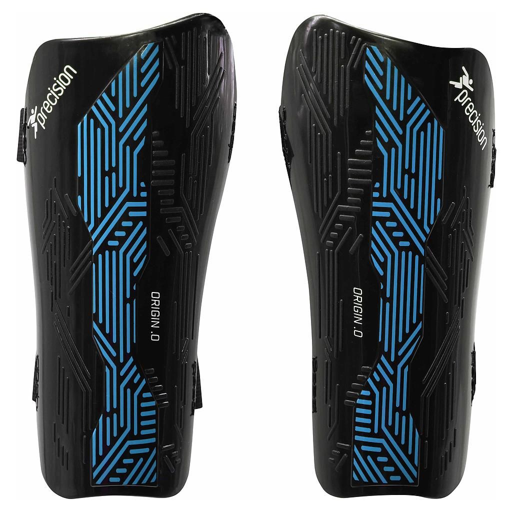 Precision Schienbeinschoner Fußball Origin.0 Strap - schwarz/cyan - small