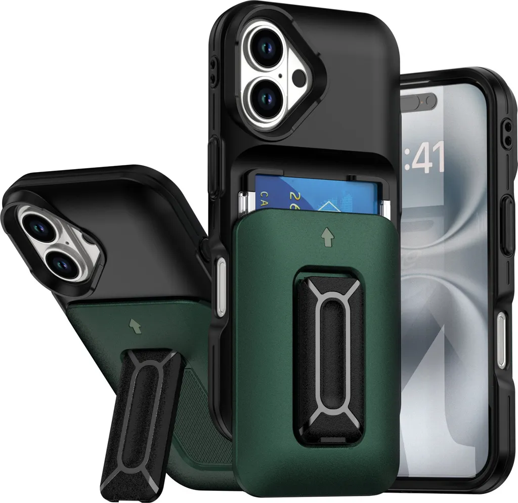 Custodia con portacarte per iPhone 16, morbida custodia a portafoglio in TPU, resistente custodia protettiva con supporto Verde
