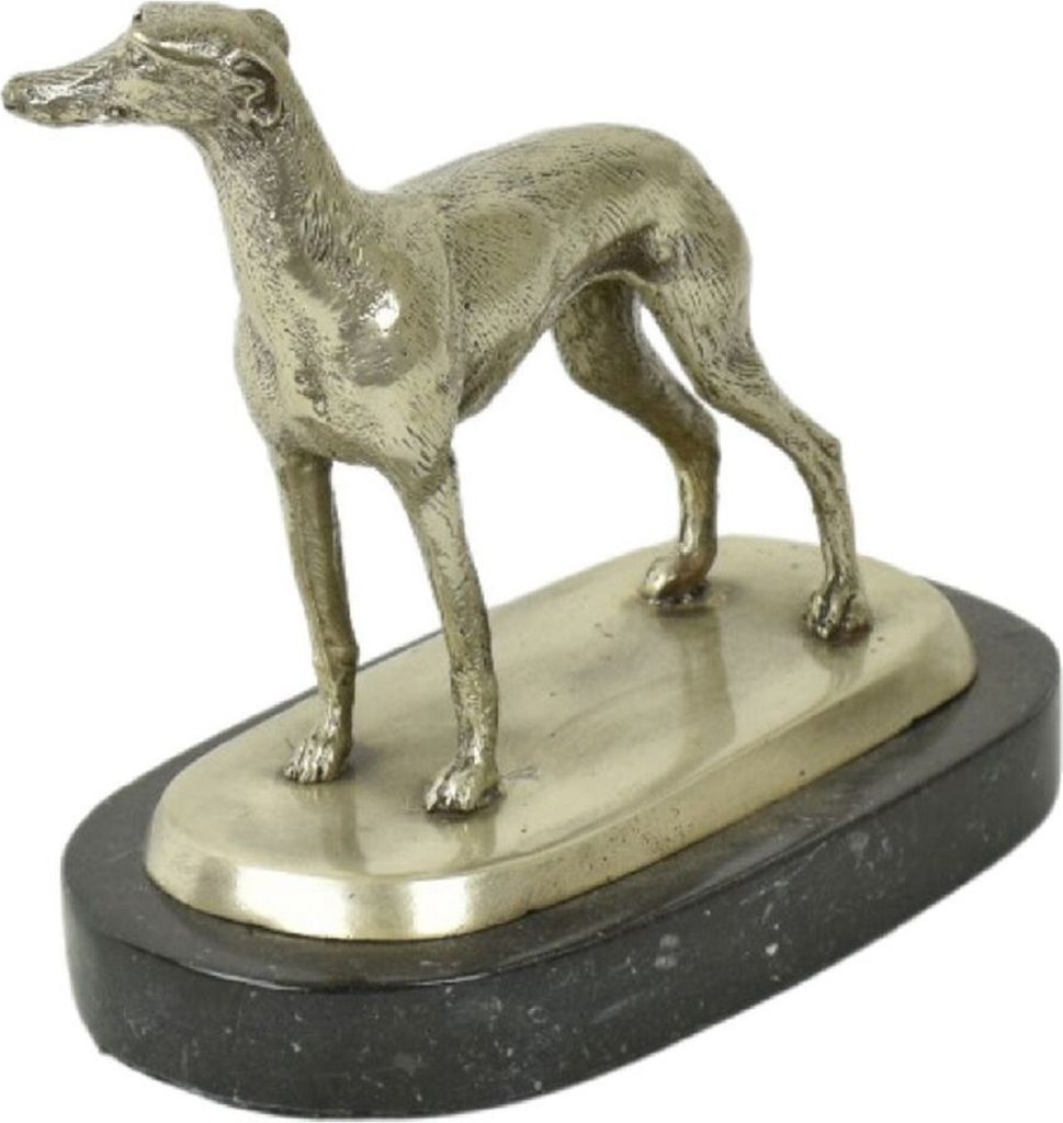 Casa Padrino Luxus Deko Bronzefigur Windhund Silber / Schwarz 22 x 13 x H. 19 cm - Bronze Skulptur mit Marmorsockel - Dekofigur - Deko Accessoires