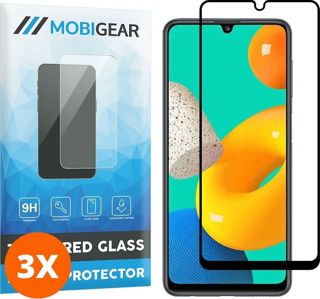 Mobigear Premium 9.98 Samsung Galaxy M32 4G Panzerglas Gehärtetes Glas Displayschutz - Hüllenfreundlich - Schwarz (3er Pack)