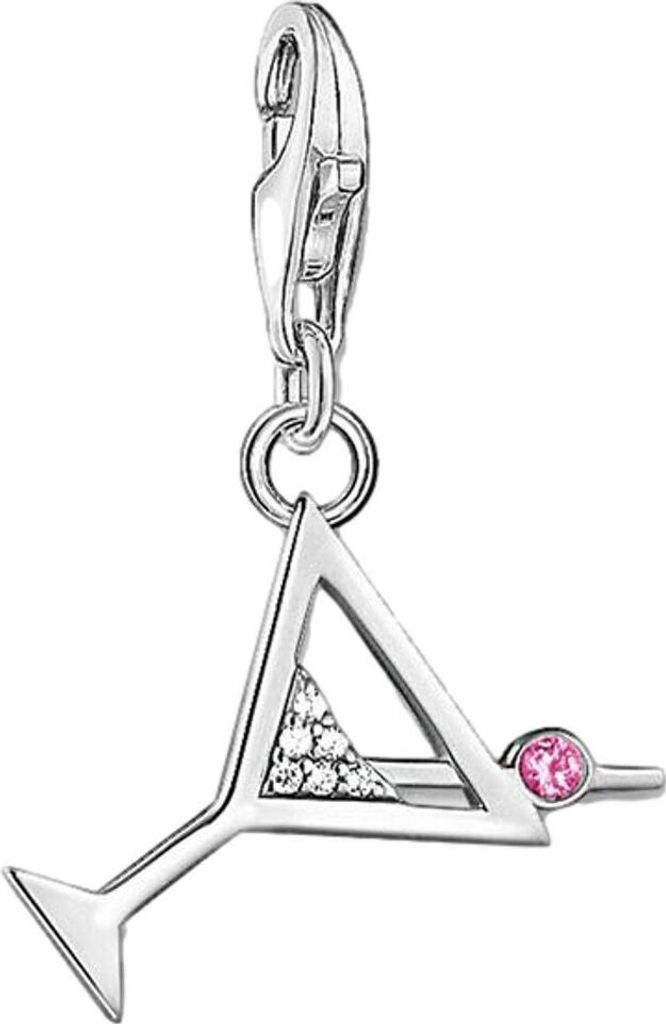 A silver charm shaped like a cocktail glass with pink and clear stones.
