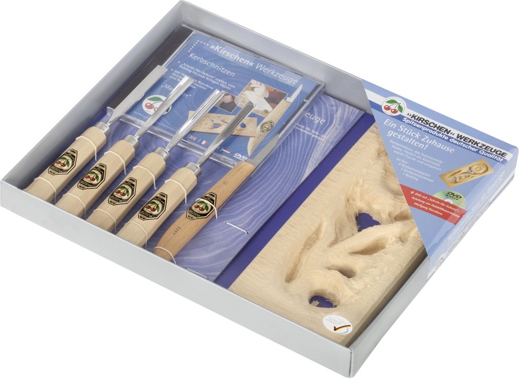 Kirschen Schnitzsatz 7-tlg für Anfänger Kerbschnitzbeitel Rohlinge DVD Messer