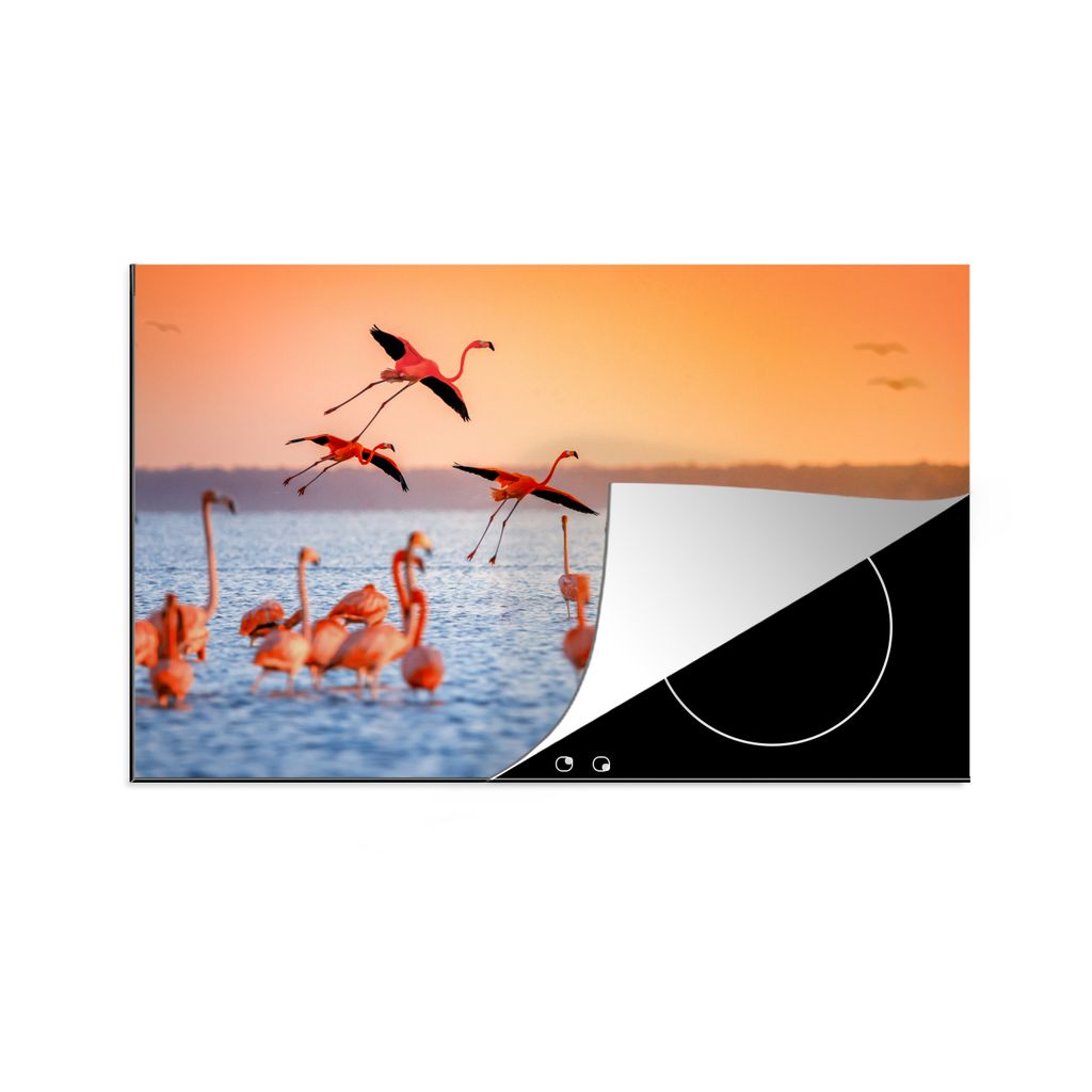 KitchenYeah Herdabdeckplatte Vogel - Flamingo - Wasser - Sonnenuntergang - Rosa , 81x52cm, Küche Deko, Glaskeramikkochfeld Herdabdeckung, Abdeck...