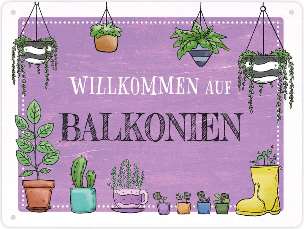 Willkommen auf Balkonien Metallschild XL in 21x28 cm in lila