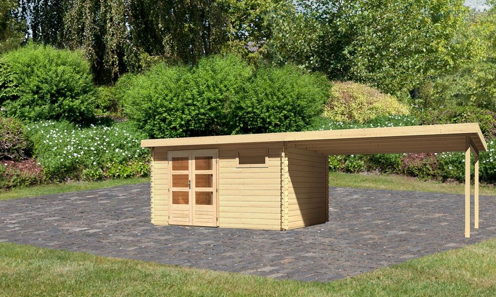 Gartenhaus Blockbohlenhaus Gerätehaus Bastrup 8 im Set mit Anbaudach 4 m breit naturbelassen 769x297x220 cm