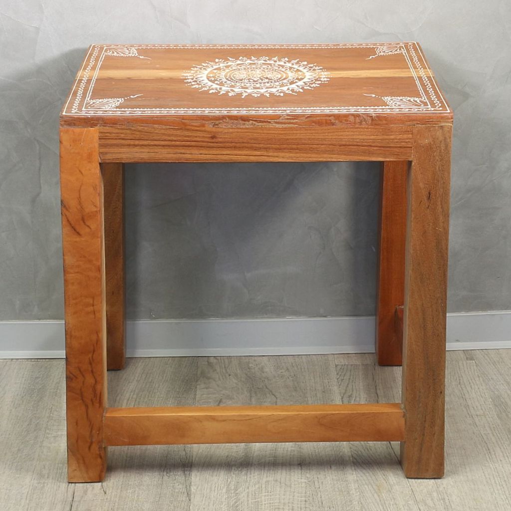 Indischer Beistelltisch mit Mandala Malerei Tisch Tischchen Nachttisch Hocker Asien Natur ca. 54 cm hoch Groß