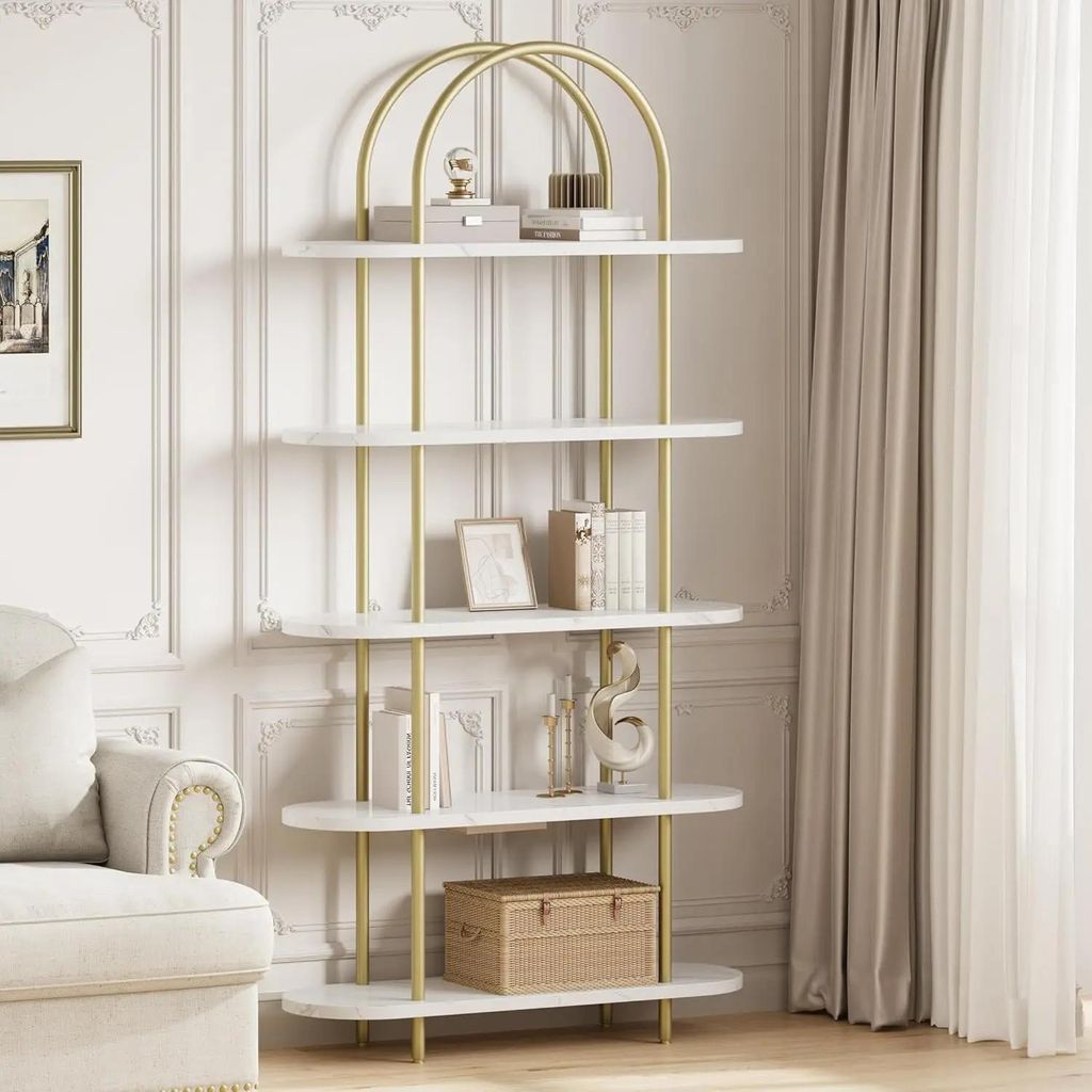 Bücherregal & Standregal - Freistehendes Hochregal - 5 Ebenen - Bogenform-Design - Metallrahmen - Modern - Gold/Weiß