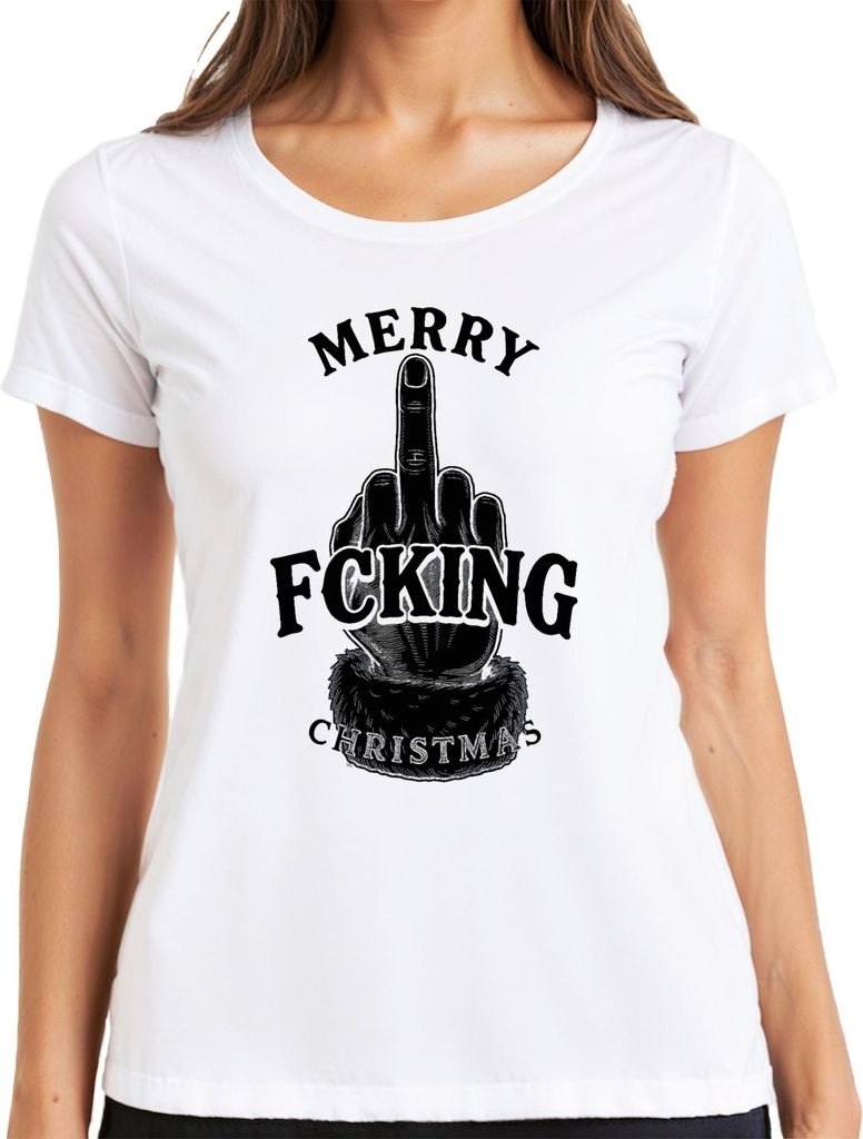 MERRY FCKING CHRISTMAS Mittelfinger sarkastisch Weihnachten frech Damen T-Shirt, Weiß, XL