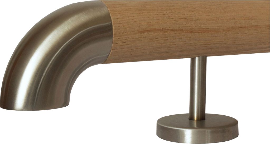 TIBU Eiche unbehandelt Holz Handlauf Geländer 0,3m - 5m, Länge 450 cm, Ende Edelstahlbogen und 6 gerade Halter