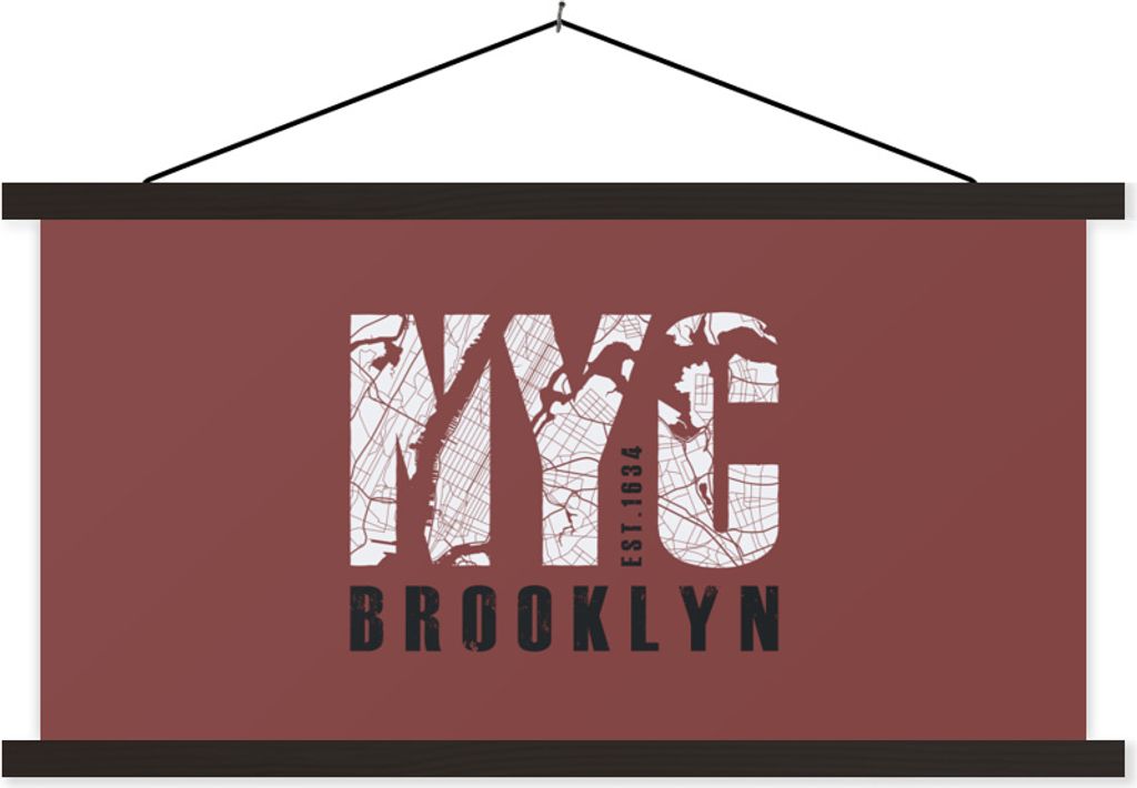 MuchoWow Textilposter New York - Karte - NYC 90x45 cm mit schwarzem Rahmen - Klemmleisten
