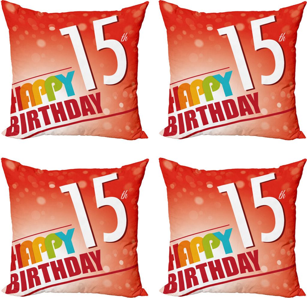ABAKUHAUS 15. Geburtstag Kissenbezug Set (4 Stück), 15. Geburtstags-Konzept, Moderner Doppelseitiger Digitaldruck, 40 cm x 40 cm, Mehrfarbig