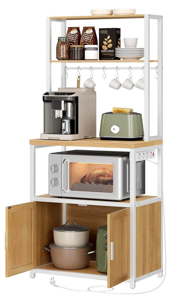 Küchenregal mit Steckdosen, Küchenschrank, 90 cm hohe Arbeitsplatte, Standregal mit 8 Haken, 40 x 60 x 170 cm, goldeichenfarben-wolkenweiß
