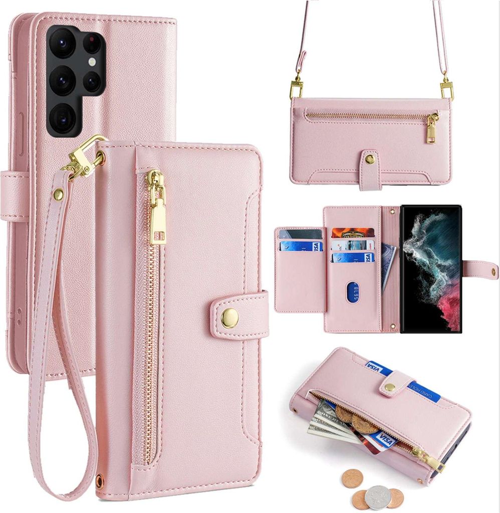 Handykette Samsung Hülle mit Band Handyhülle Kartenfächer Kunstleder Umhängetasche Galaxy S22 Ultra Rosa
