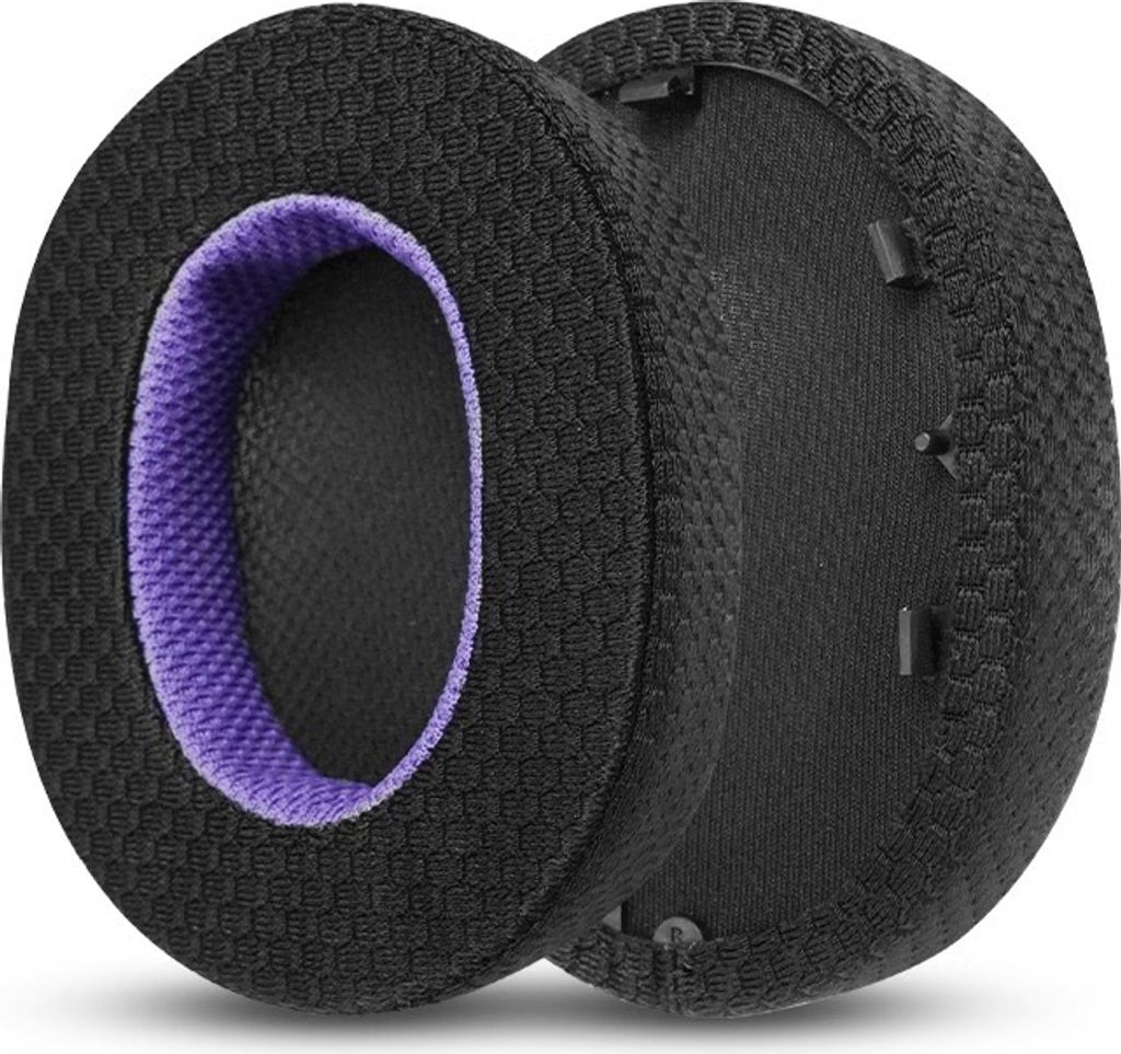 Two black ear pads with a purple inner ring are shown against a white background.