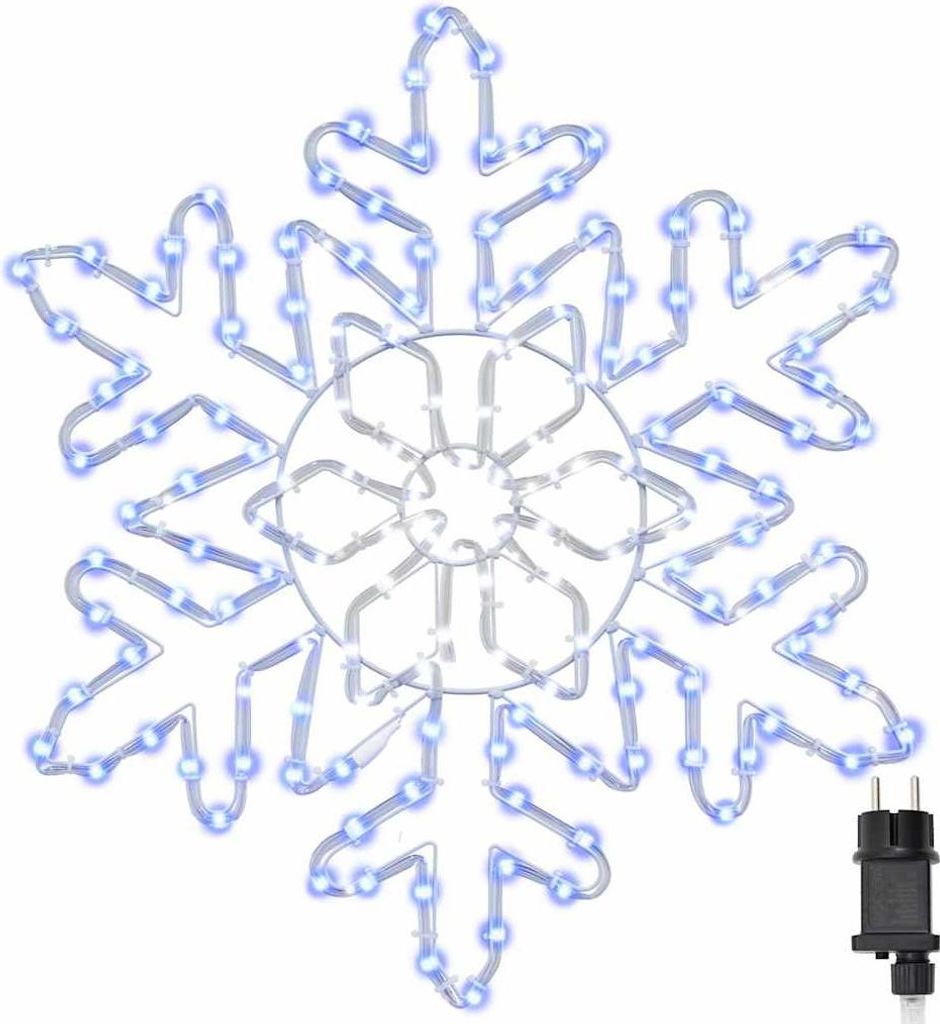 A snowflake-shaped Christmas light decoration with blue LEDs.