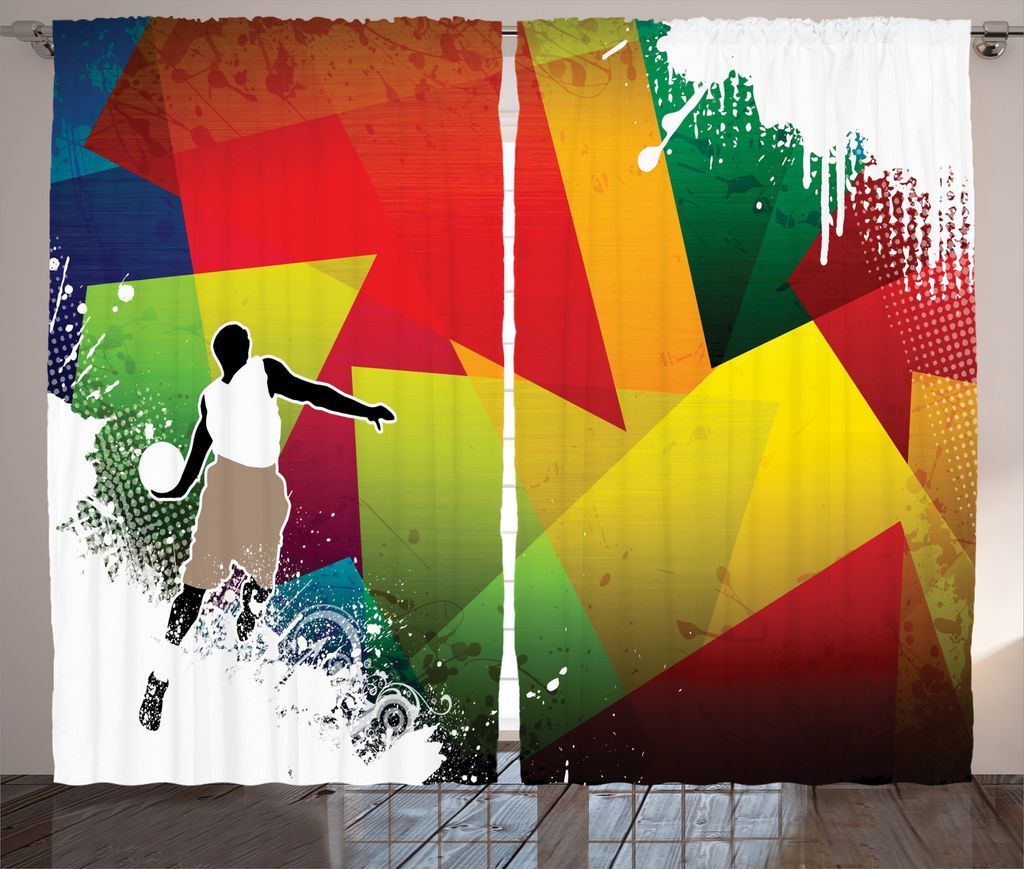 ABAKUHAUS Bunt Rustikaler Gardine, Basketball Moderne Kunst, Schlafzimmer Kräuselband Vorhang mit Schlaufen und Haken, 280 x 175 cm, Mehrfarbig