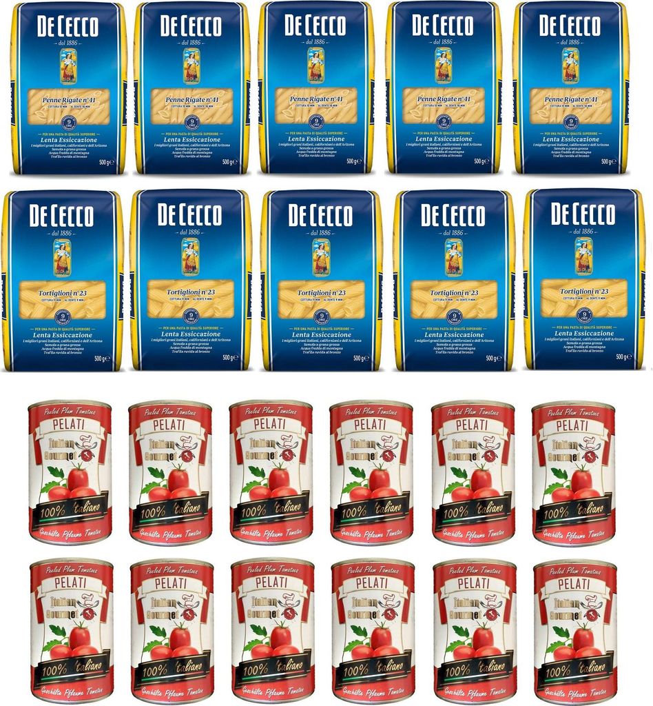 Testpaket De Cecco italienisch Pasta Penne Rigate - Tortiglioni ( 10 x 500g ) + Italian Gourmet Pelati dosen italienische geschälte Tomaten ( 12 x...