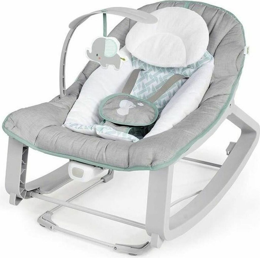 A baby bouncer seat with an elephant toy.