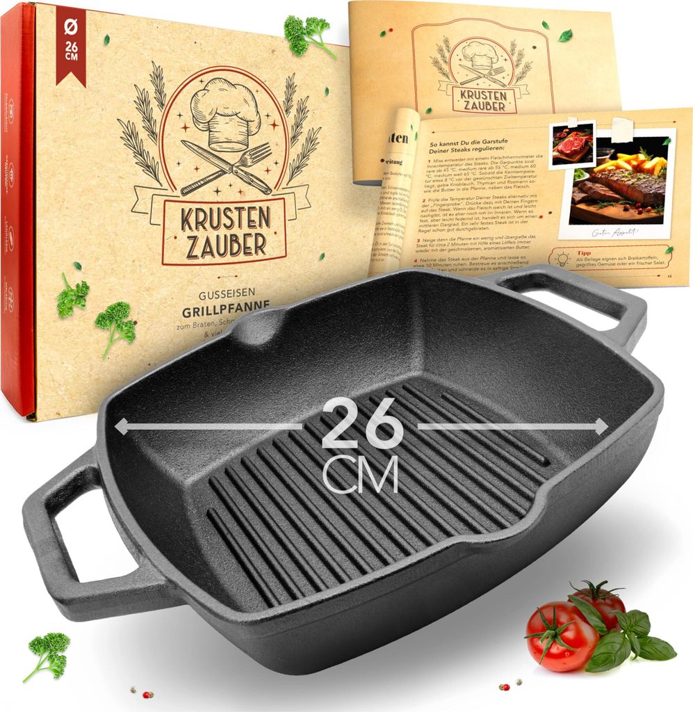 KRUSTENZAUBER 26cm Grillpfanne Induktion Doppelgriff - Geriffelte Gusseisenpfanne Induktion - Ideale Gusseisen Pfanne, Eisenpfanne, Cast Iron Pan, ...