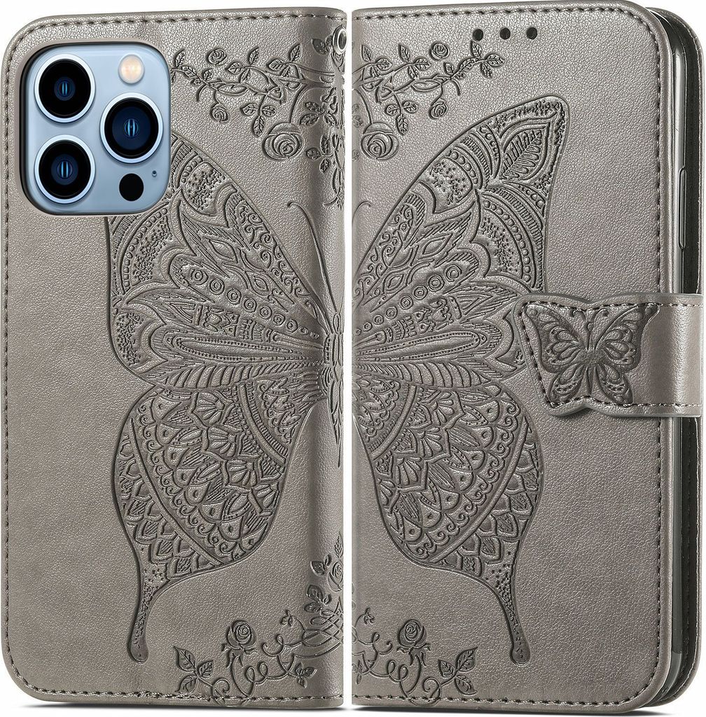 Hülle für iPhone 15 Pro Max Schutzhülle mit Schmetterlings- und Blumenmuster Klapphülle mit Muster, Grau