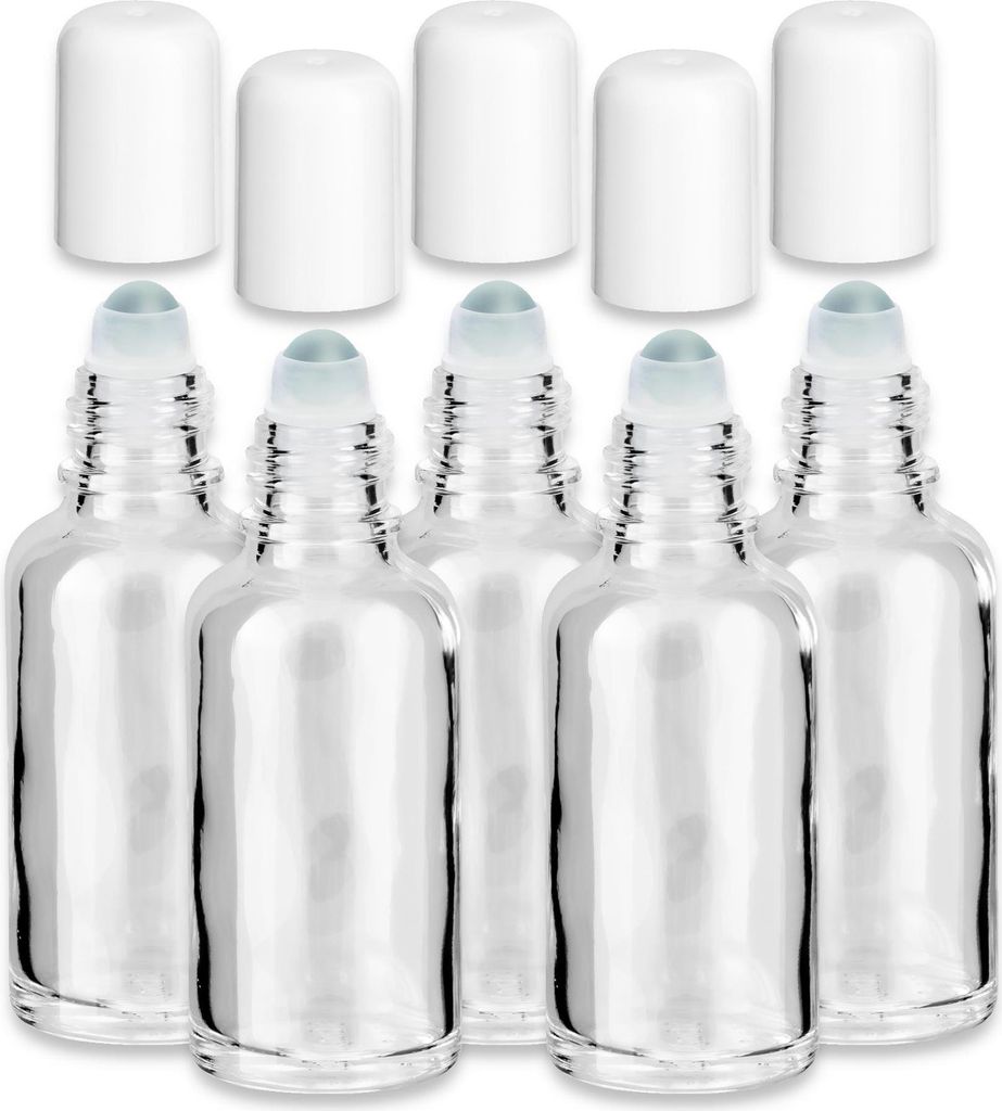 Glasflasche klar 30 ml Roll-On mit weißem Verschluss – 5er-Set