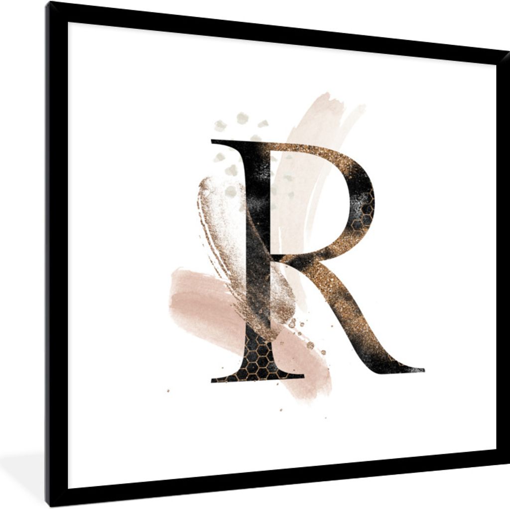 Poster mit Rahmen - Aquarell - Buchstabe - R - Glitter - 40x40 cm - Poster mit zchwarzem Bilderrahmen