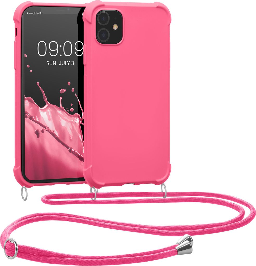 kwmobile Necklace Case kompatibel mit Apple iPhone 11 Hülle - Cover mit Kordel zum Umhängen - Silikon Schutzhülle Neon Pink