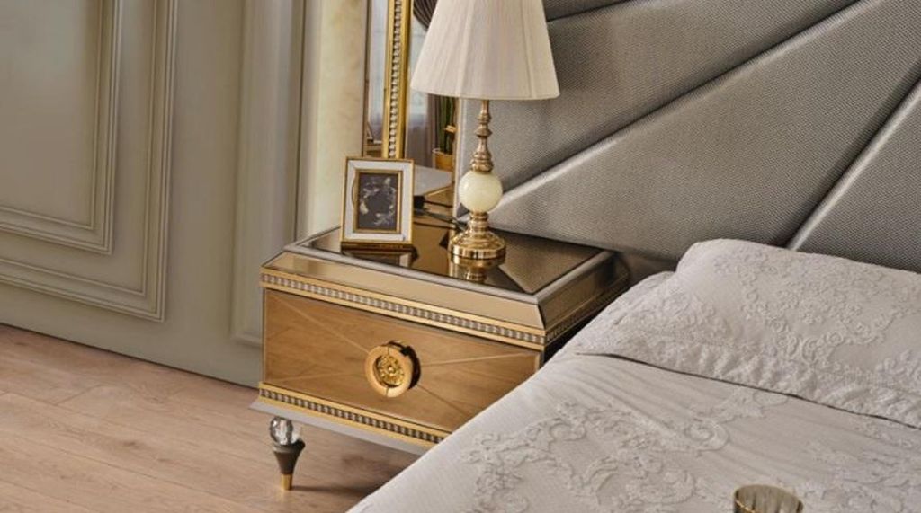 Doppelbett Luxus Garnitur Schlafzimmer Grau Nachttische Holz Set 3tlg
