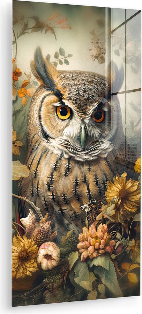 MuchoWow Glasbilder - Bilder auf Wandbild - Foto auf Glas Eule - Vögel - Blumen - Natur 60x120 cm Wanddekoration aus Glas - Acrylglasbild - Acrylb...