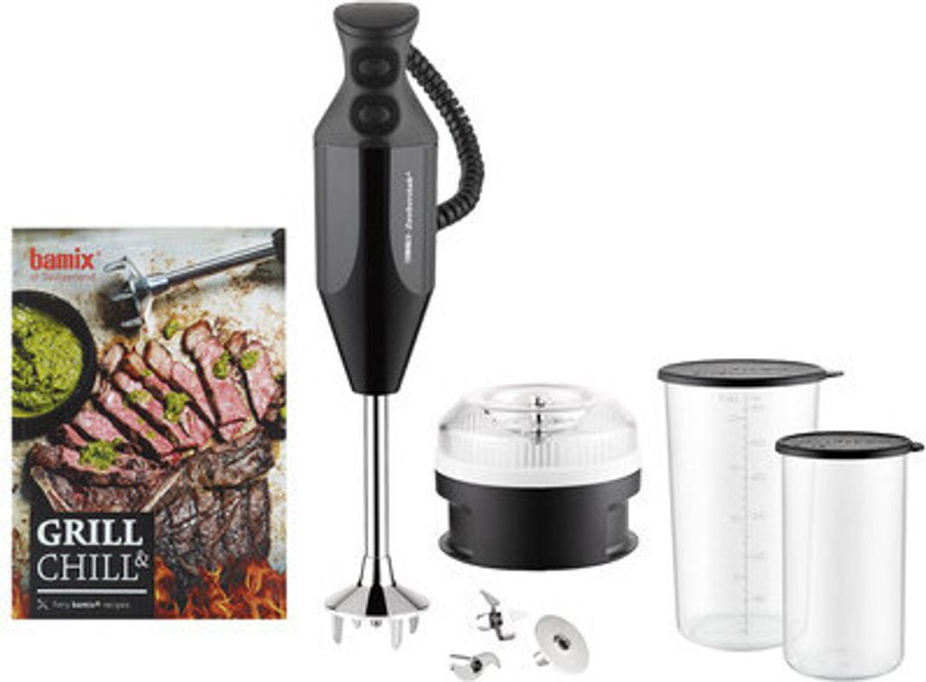 A collage of a Bamix immersion blender, its accessories, and a cookbook cover.