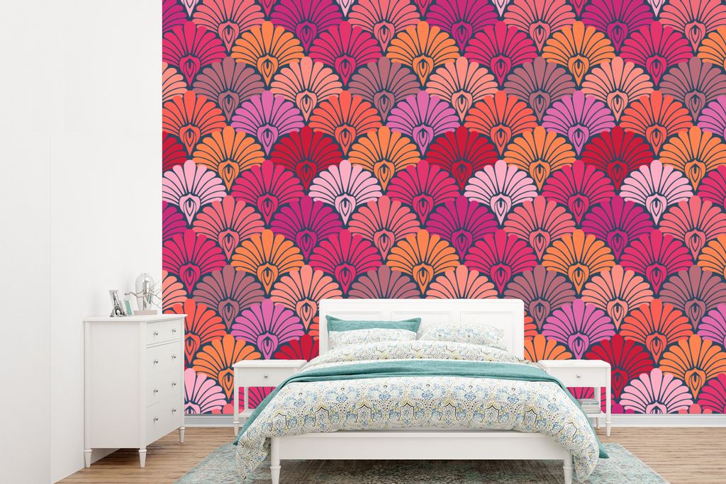 MuchoWow Fototapete für Wohnzimmer oder Schlafzimmer Wandtapete Vinyl Motivtapete Muster - Art Deco - Rosa - Blumen - 415x300 cm - Küche