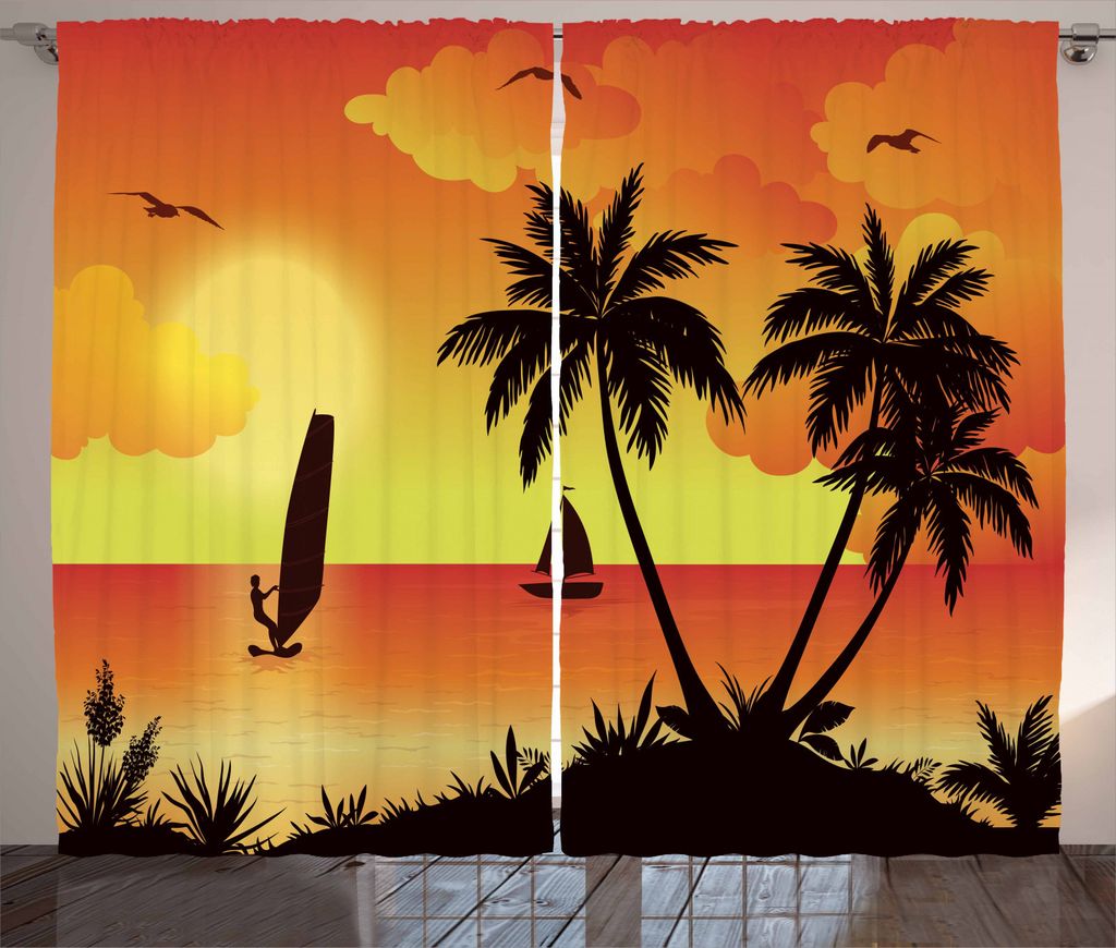 ABAKUHAUS Tropisch Rustikaler Vorhang, Kokosnuss-Palmen und Surfer, Wohnzimmer Universalband Gardinen mit Schlaufen und Haken, 280 x 245 cm, Dunkel...