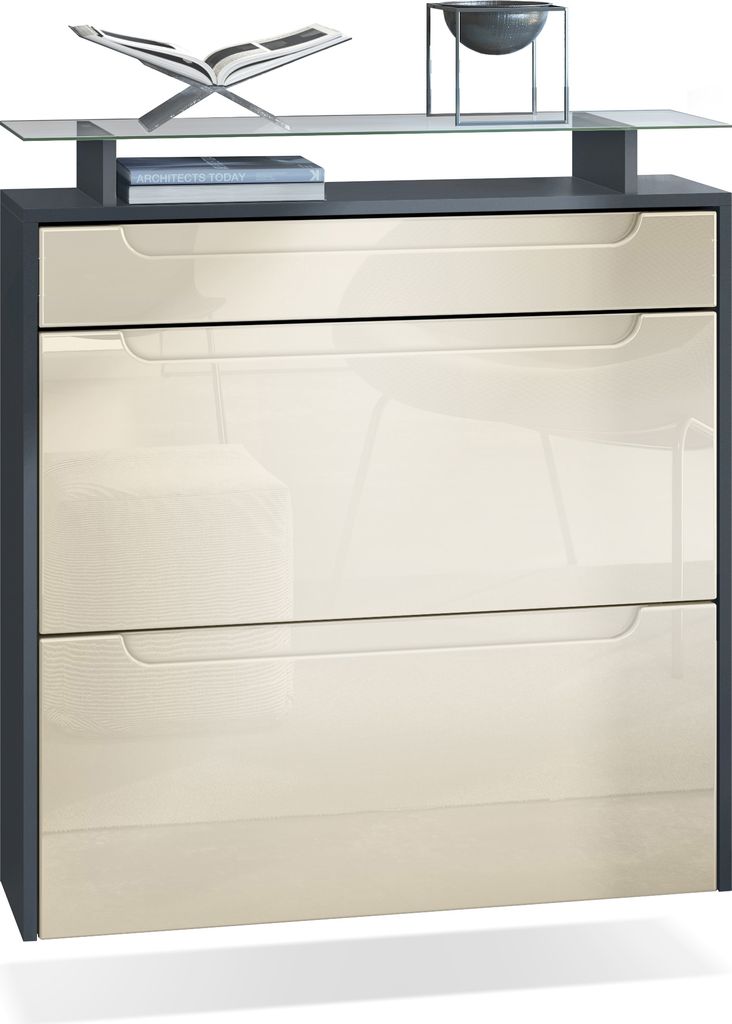 Vladon Schuhschrank Annie, Schuhkipper für 16 Paar Schuhe mit 2 Klappen, 1 Schublade und Glasablage, Anthrazit matt/ Creme Hochglanz, Griffmulden ...