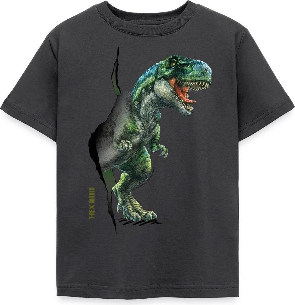 Spreadshirt T-Rex World Durch Die Wand Kinder T-Shirt, 110/116 (5-6 Jahre), Dunkelgrau