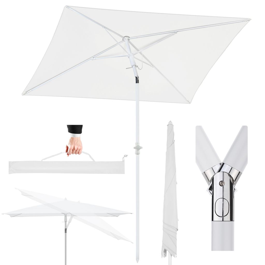 A collage of images showing a white rectangular patio umbrella in various states and components, including a hand holding a storage bag for the umbrella.
